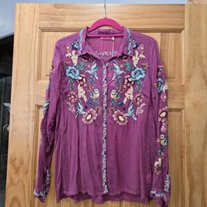 Johnny Was Magenta Floral Embroidered Blouse